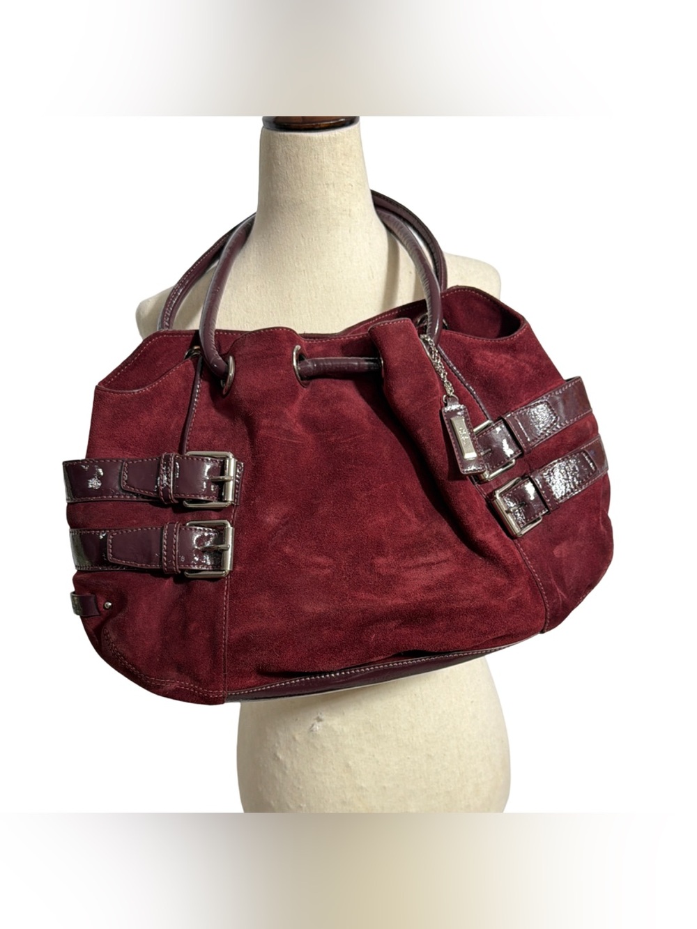 Cole Haan • Merlot Suede & Patent Leather Y2K Hobo Shoulder Bag - Picture 5 of 15